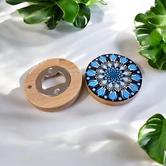 Décapsuleur rond en bambou mandala pointillisme bleu et blanc, aimant de réfrigérateur, ouvre bouteille de bière