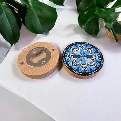 Décapsuleur rond en bambou mandala pointillisme bleu et blanc, aimant de réfrigérateur, ouvre bouteille de bière