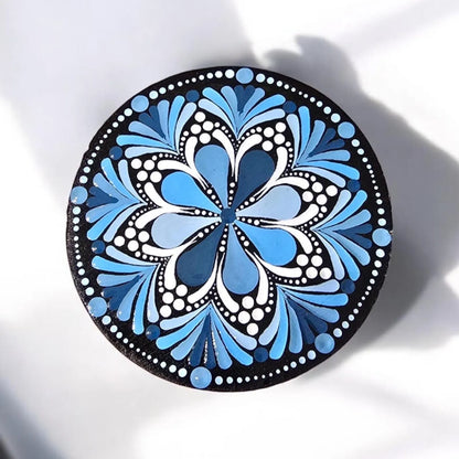 Décapsuleur rond en bambou mandala pointillisme bleu et blanc, aimant de réfrigérateur, ouvre bouteille de bière