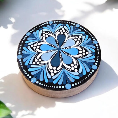 Décapsuleur rond en bambou mandala pointillisme bleu et blanc, aimant de réfrigérateur, ouvre bouteille de bière