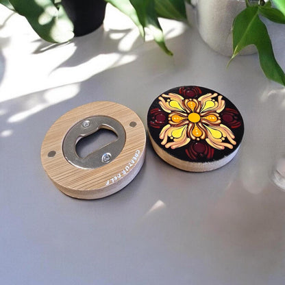 Décapsuleur rond en bambou mandala pointillisme orange, jaune et bordeaux, aimant de réfrigérateur, ouvre bouteille de bière
