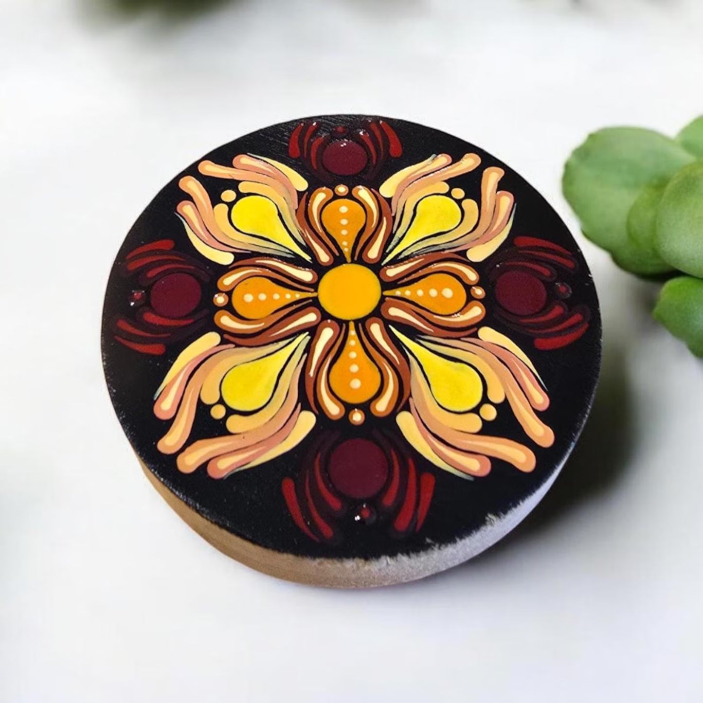 Décapsuleur rond en bambou mandala pointillisme orange, jaune et bordeaux, aimant de réfrigérateur, ouvre bouteille de bière