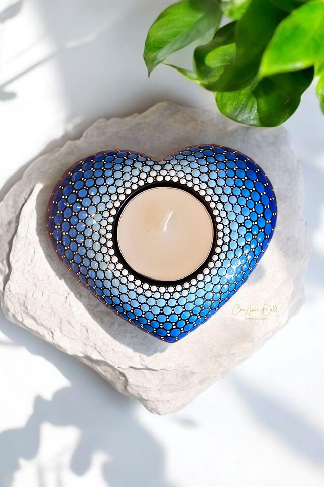 Bougeoir cœur mandala bleu – Peint à la main en plâtre résine