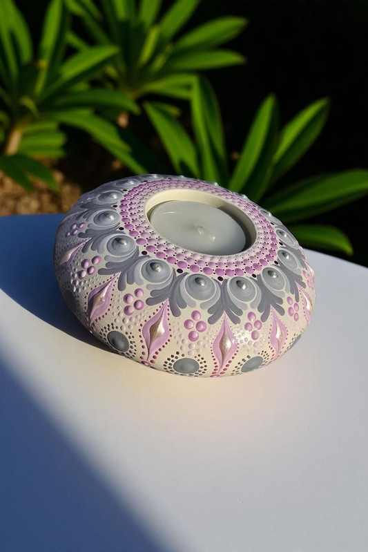 Bougeoir mandala en plâtre – Peint à la main blanc gris et rose