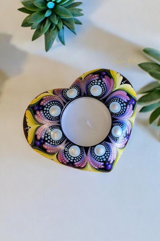 Bougeoir cœur mandala iridescent – Peint à la main en plâtre résine