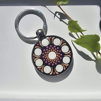 Porte-clés rond mandala peint recto verso terre cuite, fuchsia métallisé, crème et cuivré