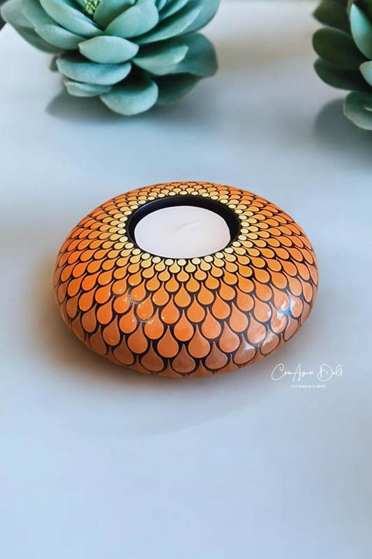 Bougeoir mandala en plâtre – Peint à la main orange et marron