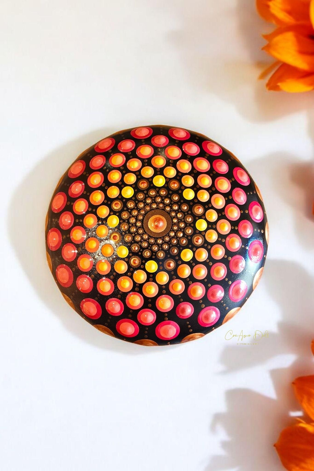 Grande pierre mandala en pointillisme orange et cuivre