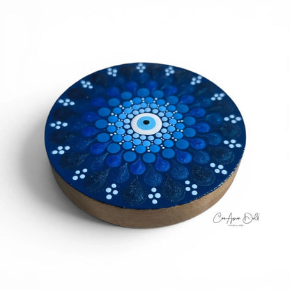 Miroir de poche en bois – Motif œil bleu mandala peint à la main