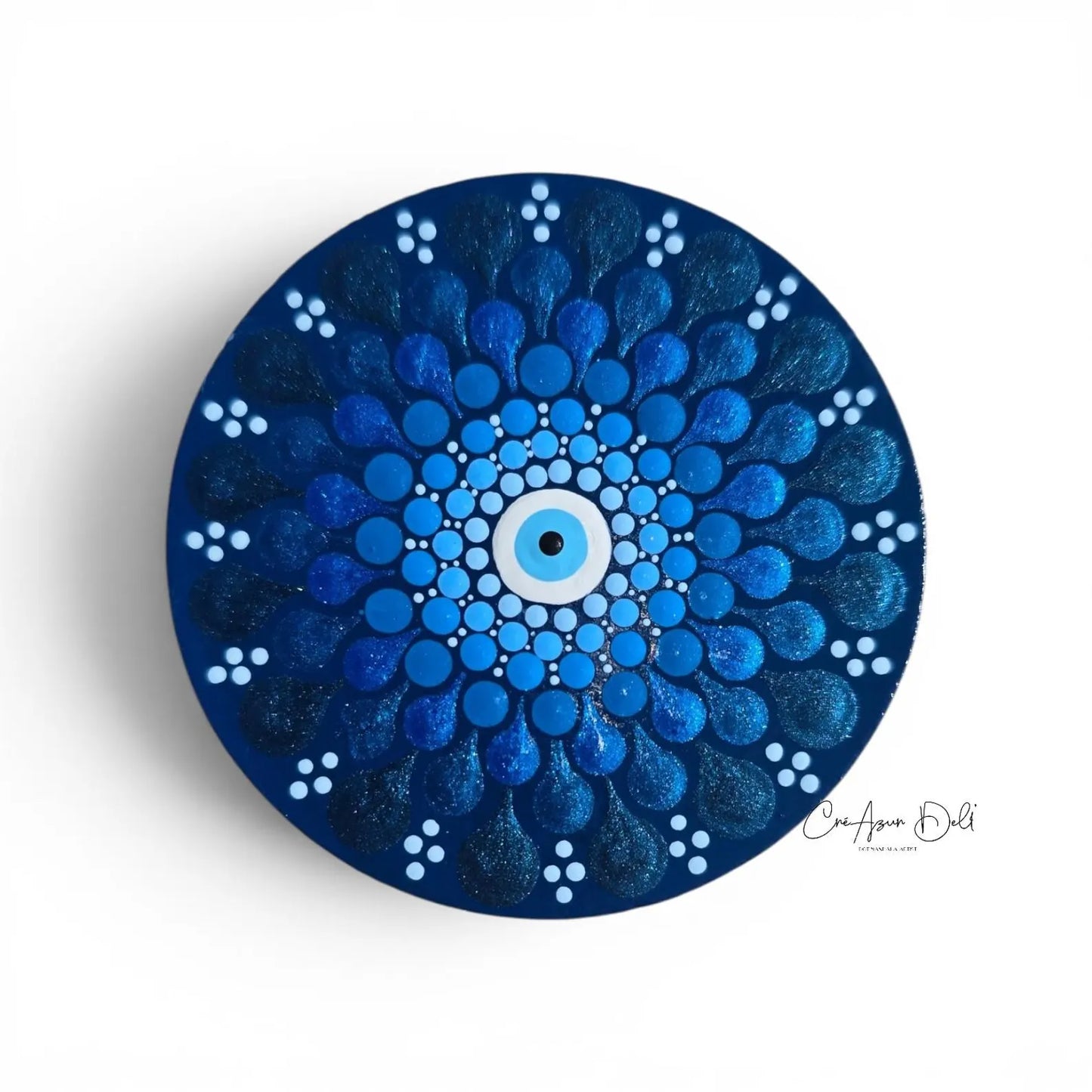 Miroir de poche en bois – Motif œil bleu mandala peint à la main