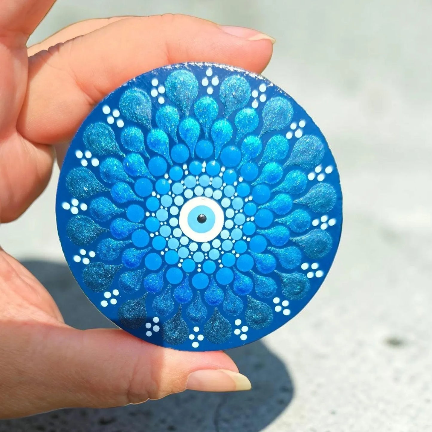 Miroir de poche en bois – Motif œil bleu mandala peint à la main