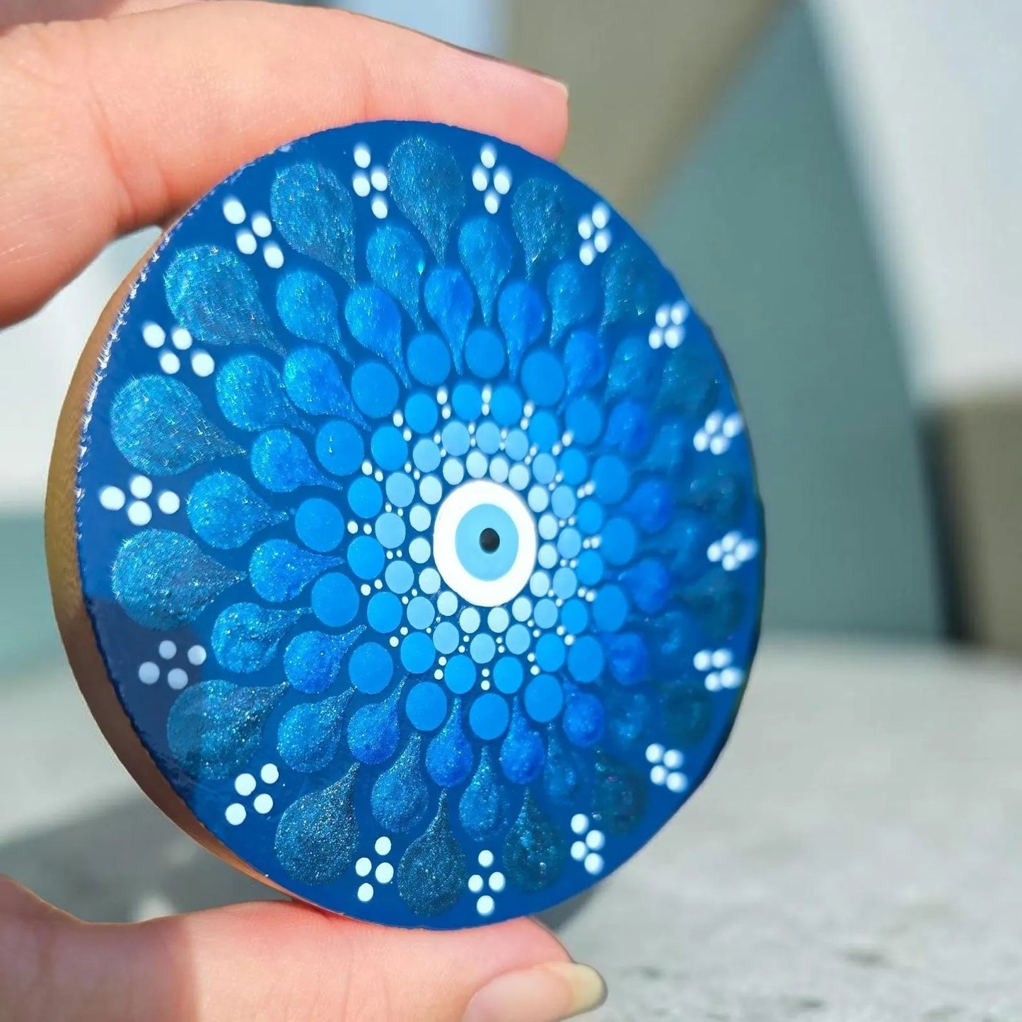 Miroir de poche en bois – Motif œil bleu mandala peint à la main