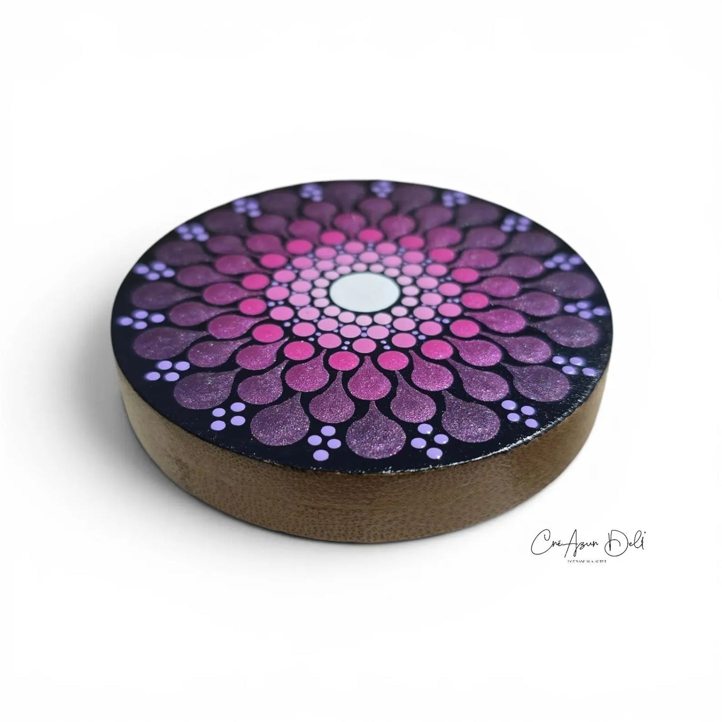 Miroir de poche en bois – Mandala dégradé rose et violet