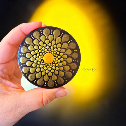 Miroir de poche mandala en pointillisme bronze et doré, miroir rond en bois