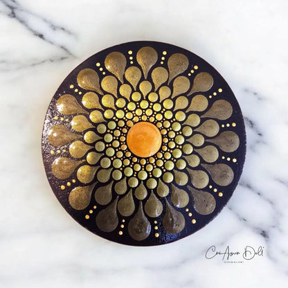 Miroir de poche mandala en pointillisme bronze et doré, miroir rond en bois