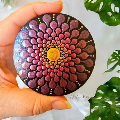 Miroir de poche mandala en pointillisme prune et doré, miroir rond en bois