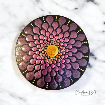 Miroir de poche mandala en pointillisme prune et doré, miroir rond en bois
