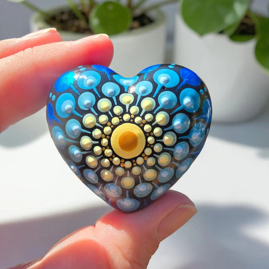 Petit coeur mandala en pointillisme doré, jaune, vert et bleu – Pierre Méditation Fait Main