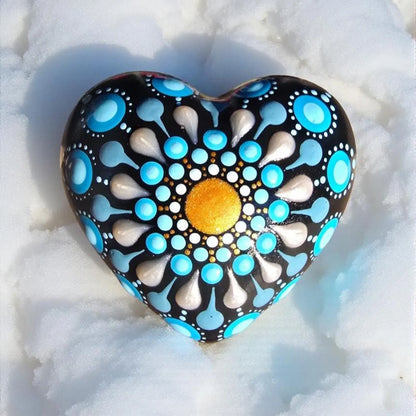 Petit Cœur Mandala Pointillisme Bleu Doré Blanc Nacré – Pierre Méditation Fait Main