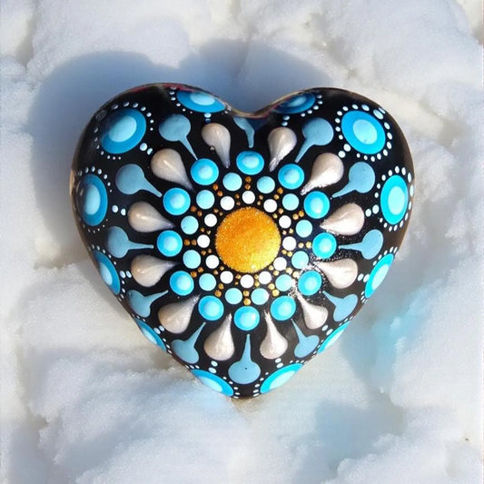 Petit Cœur Mandala Pointillisme Bleu Doré Blanc Nacré – Pierre Méditation Fait Main