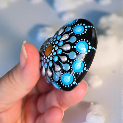 Petit Cœur Mandala Pointillisme Bleu Doré Blanc Nacré – Pierre Méditation Fait Main