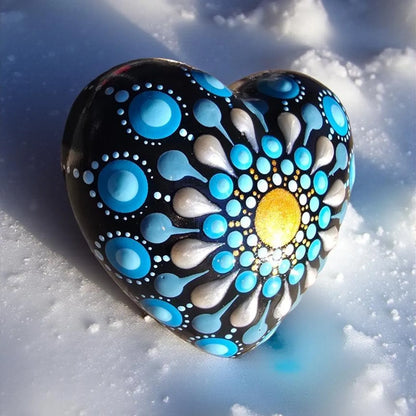 Petit Cœur Mandala Pointillisme Bleu Doré Blanc Nacré – Pierre Méditation Fait Main
