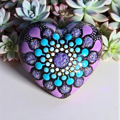 Petit Cœur Mandala Pointillisme Bleu Mauve Violet – Pierre Méditation Fait Main