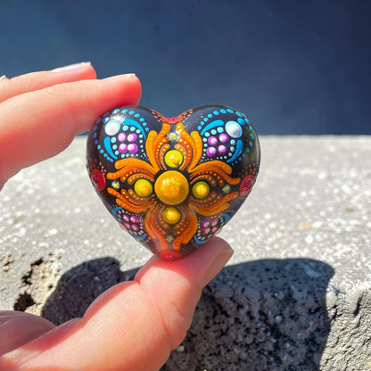 Petit coeur mandala en pointillisme multicolore – Pierre Méditation Fait Main