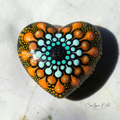 Petit coeur mandala vert d'eau/orange en plâtre résine