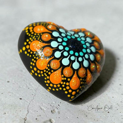Petit coeur mandala vert d'eau/orange en plâtre résine