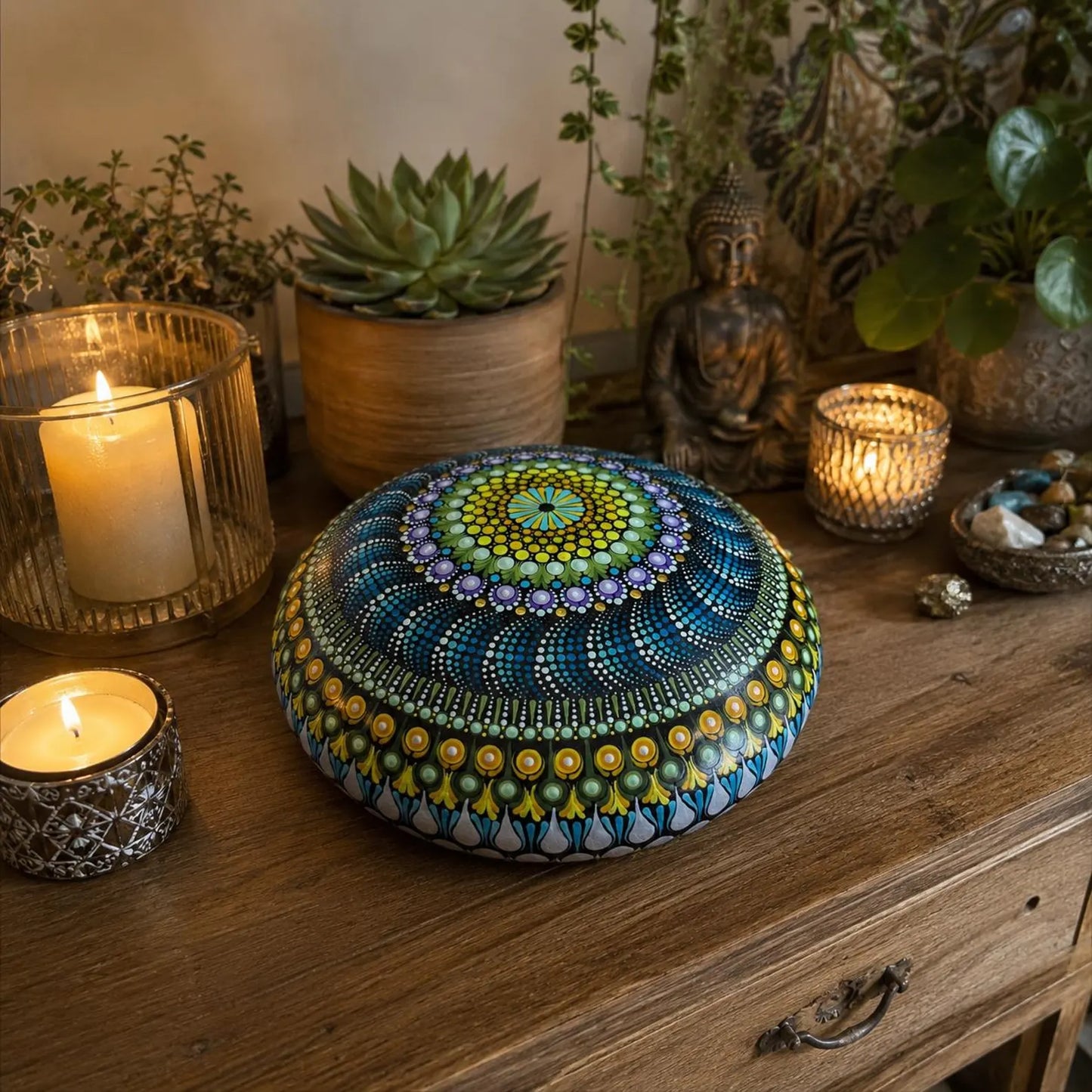 Pierre Mandala XXL peinte à la main – Art énergétique et décoration zen