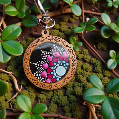 Porte-clés bois mandala bleu/fuchsia peint à la main
