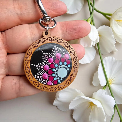 Porte-clés bois mandala bleu/fuchsia peint à la main