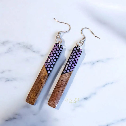 Boucles d’oreilles rectangulaires en bois – Dégradé mauve, peintes à la main