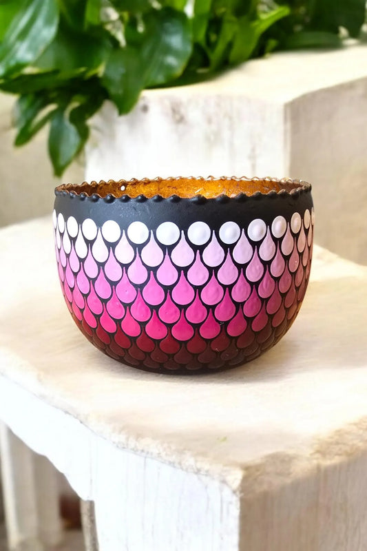 Bougeoir en métal pointillisme rose et bordeaux, art en pointillisme