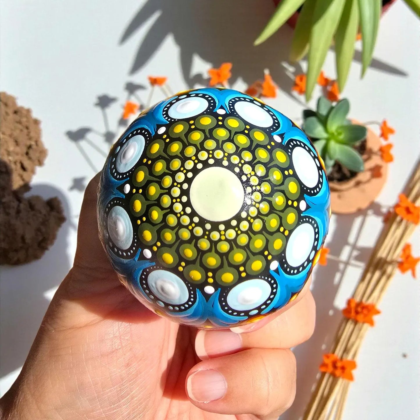 Lot de champignons décoratifs en plâtre résine – Mandala pointillisme peint à la main