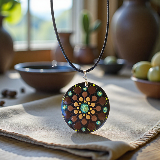 Collier en bois mandala pointillisme marron et jaune/vert pailleté