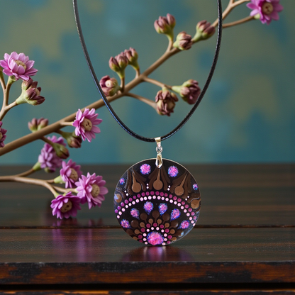 Collier en bois mandala pointillisme rose paillette et marron