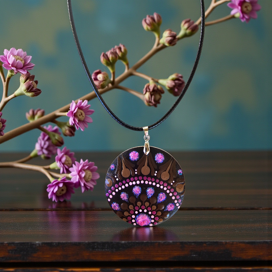 Collier en bois mandala pointillisme rose paillette et marron