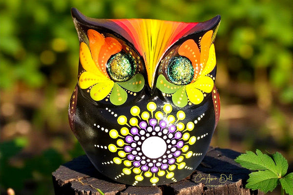 hibou en platre peint - mandala pointillisme