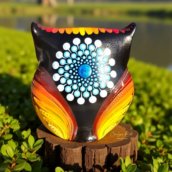 hibou en platre peint - mandala pointillisme