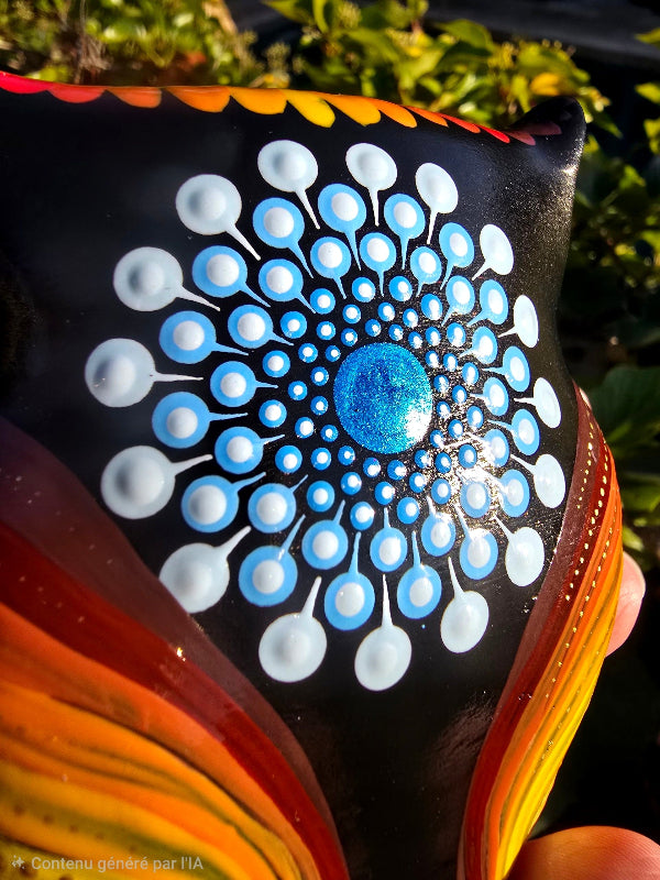 hibou en platre peint - mandala pointillisme