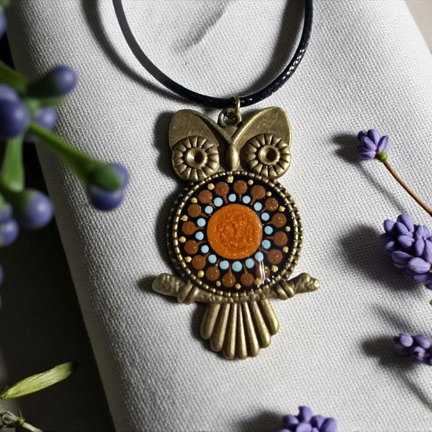 Collier hibou mandala doré/bleu/marron