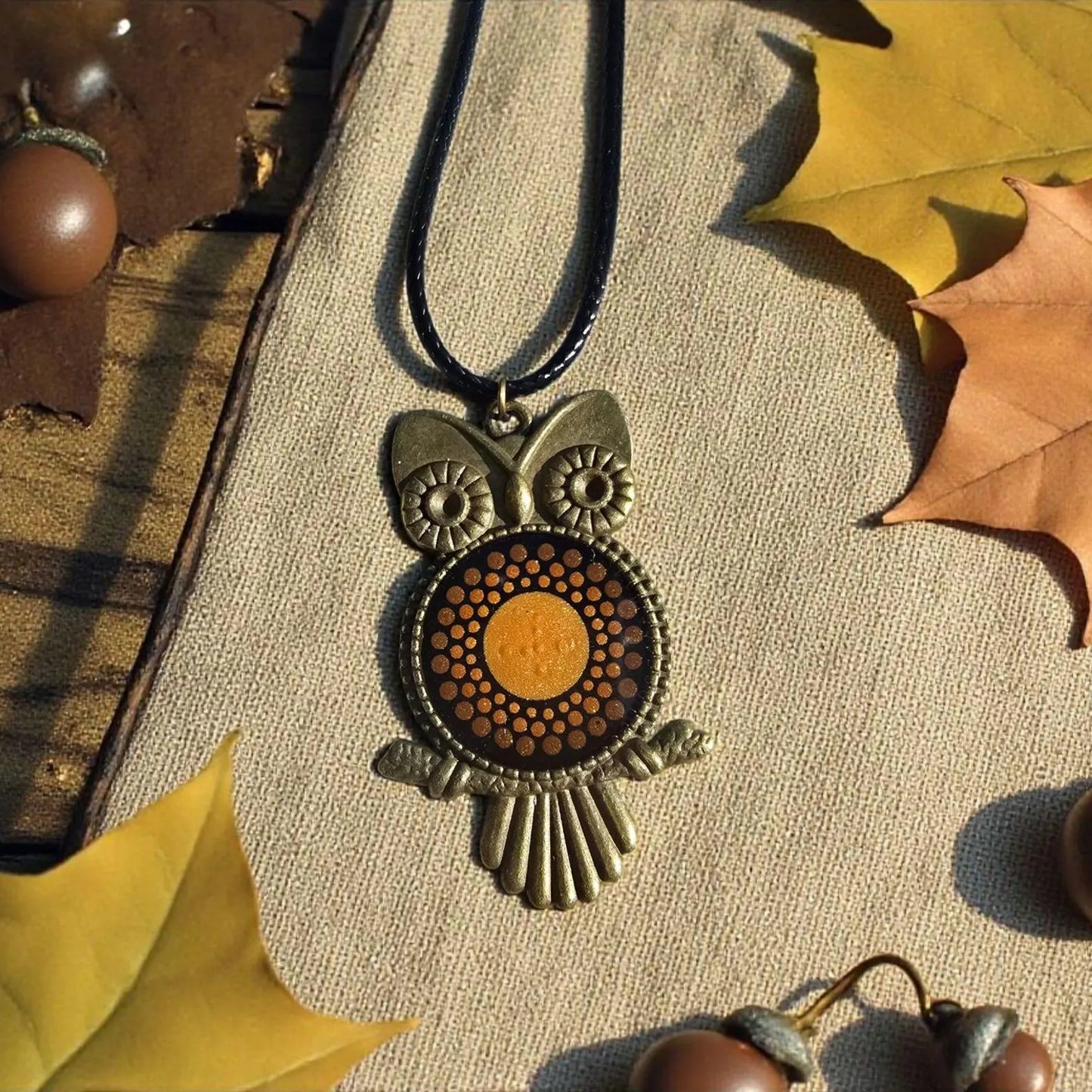 Collier hibou mandala doré/marron
