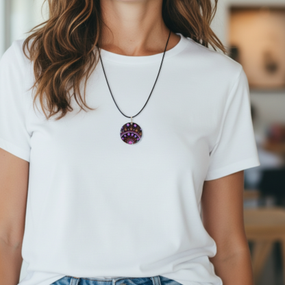 Collier en bois mandala pointillisme rose paillette et marron