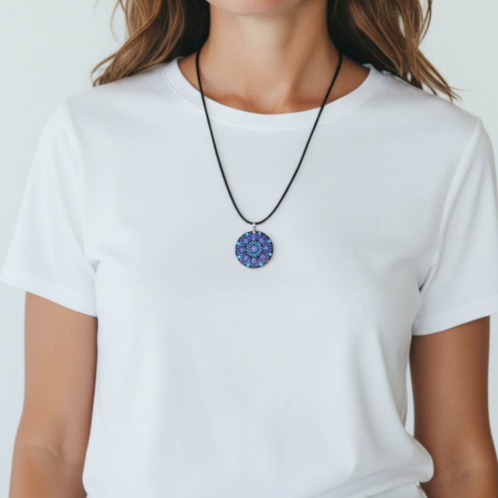 Collier en bois mandala pointillisme violet paillette et bleu ciel