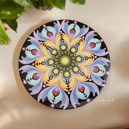 Plateau rond en bois avec mandala et résine époxy alimentaire – Décoration artisanale
