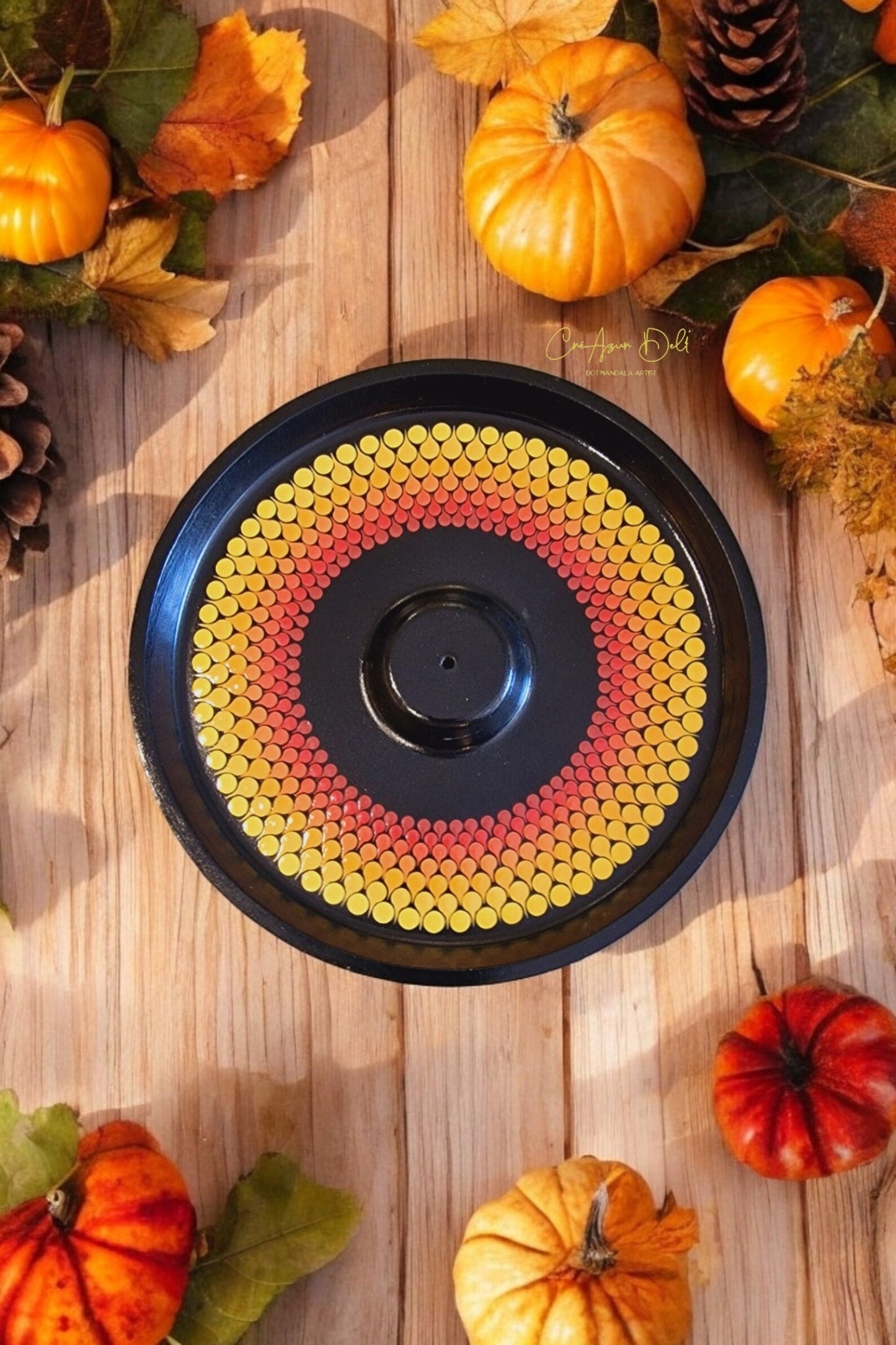 Porte-Encens Rond Mandala Orange en Pointillisme – Fait Main Vernis Brillant