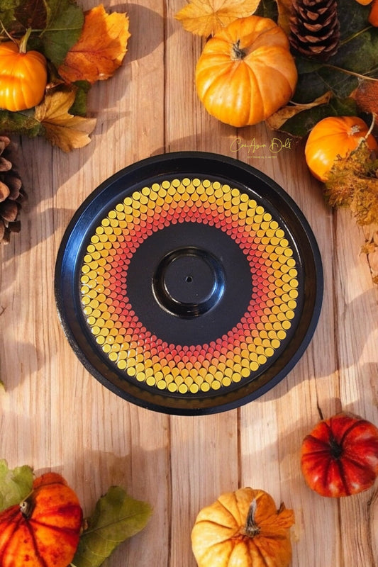 Porte-Encens Rond Mandala Orange en Pointillisme – Fait Main Vernis Brillant