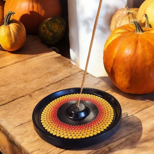 Porte-Encens rond mandala orange jaune